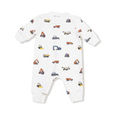 Baseball Collar Romper with Front Placket - Construction Vehicles - HoneyBug 