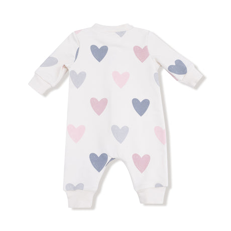 Baseball Collar Romper with Front Placket - Hearts - HoneyBug 