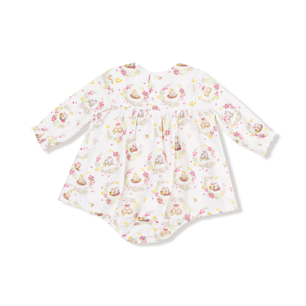 Long Sleeve Smocked Ruffle Bubble with Skirt - Floral Owl Families - HoneyBug 