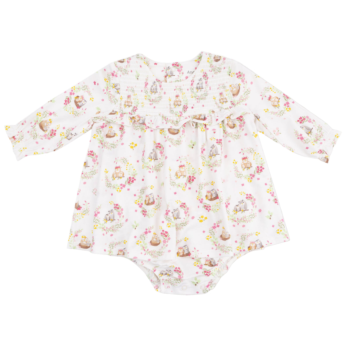 Long Sleeve Smocked Ruffle Bubble with Skirt - Floral Owl Families - HoneyBug 