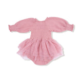 Solid Rose Elegance - Long Sleeve Smocked Bubble with Tutu