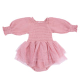 Solid Rose Elegance - Long Sleeve Smocked Bubble with Tutu