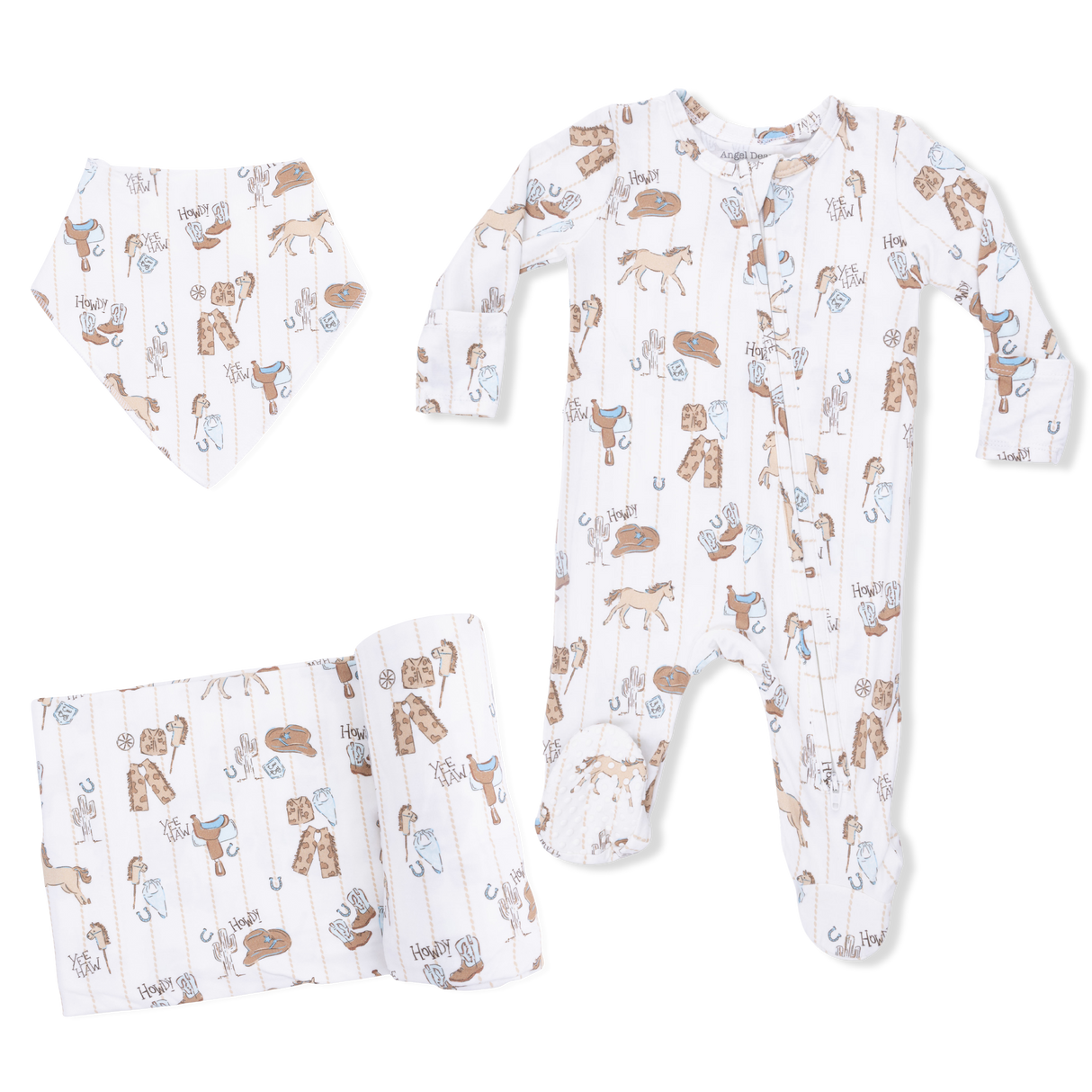 Cowboy Nursery -  2 Way Zipper Footie, Bandana Bib, & Swaddle Blanket Set