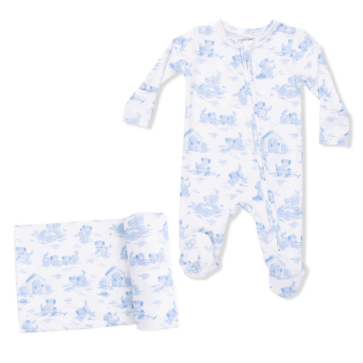 Puppy Toile Blue - 2 Way Zipper Footie & Swaddle Blanket Set