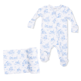 Puppy Toile Blue - 2 Way Zipper Footie & Swaddle Blanket Set