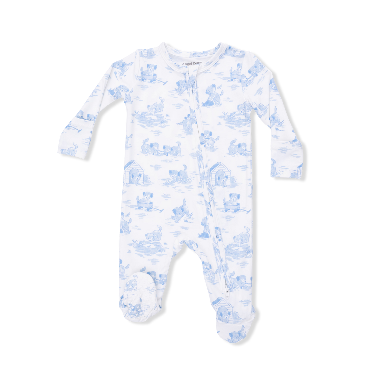 Puppy Toile Blue - 2 Way Zipper Footie & Swaddle Blanket Set