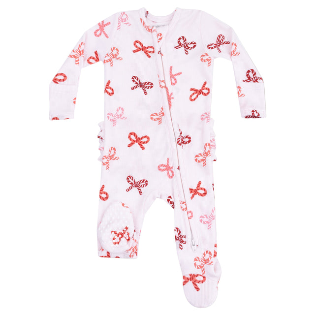 2 Way Zipper Ruffle Back Footie - Candy Cane Bows - HoneyBug 