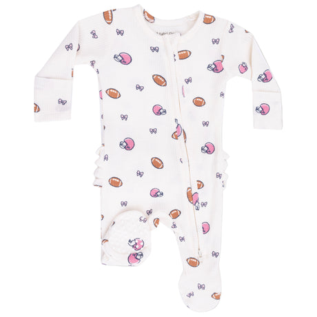 2 Way Zipper Ruffle Back Footie - Footballs and Bows - HoneyBug 