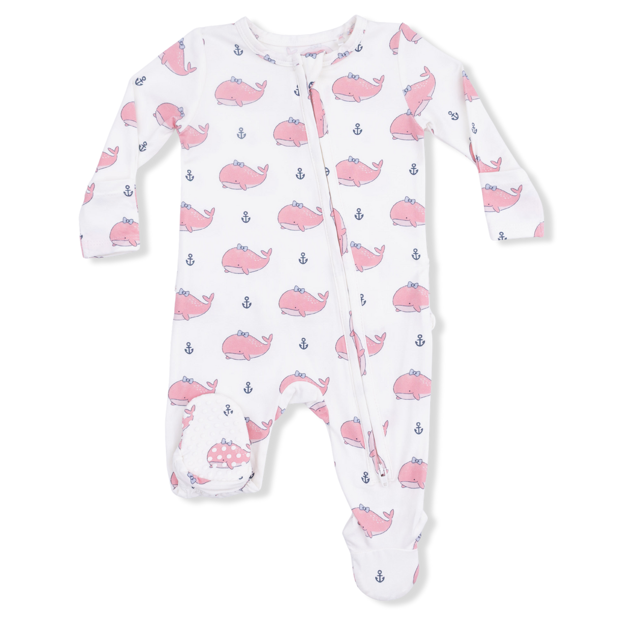 Bubbly Whale with Bow  Pink - 2 Way Ruffle Back Zipper Footie