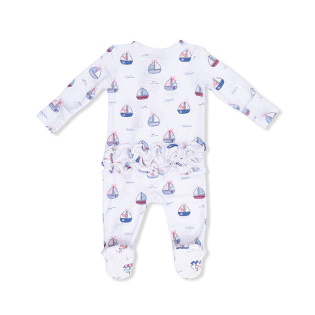 Bubbly Sailboats Pink - 2 Way Ruffle Back Zipper Footie