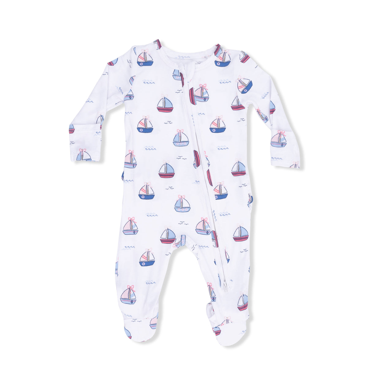 Bubbly Sailboats Pink - 2 Way Ruffle Back Zipper Footie
