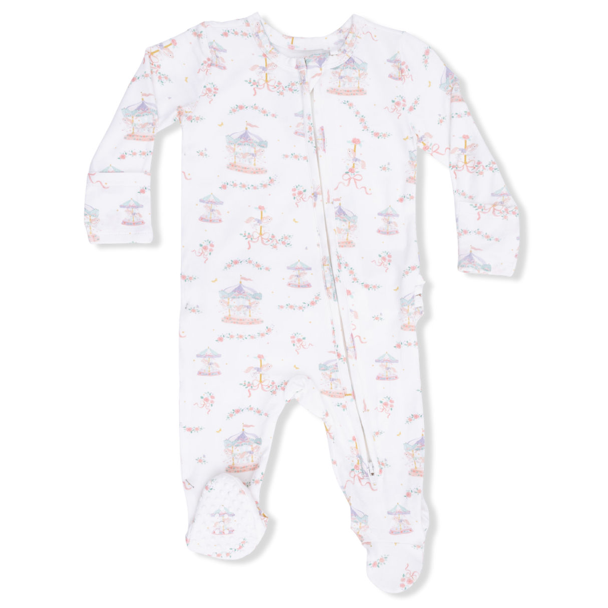 Carousel with Bows - 2 Way Ruffle Back Zipper Footie