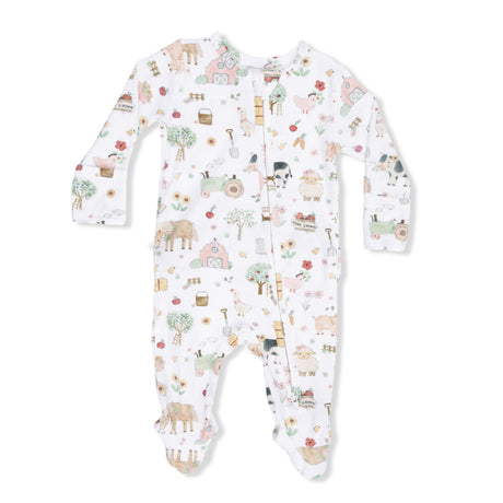 Cute Farm Animals Pink - 2 Way Ruffle Back Zipper Footie