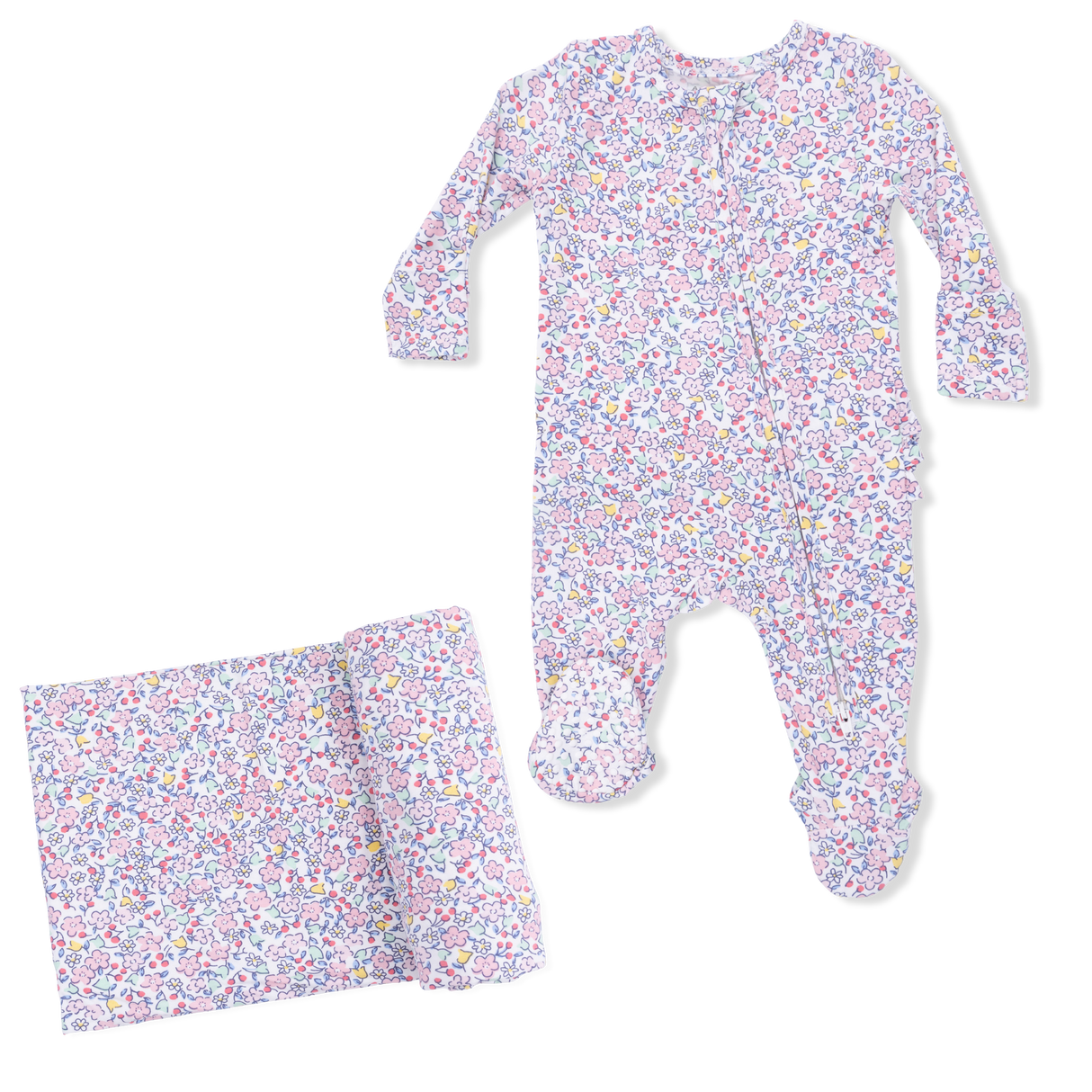 Elizabeth's Garden - 2 Way Ruffle Back Zipper Footie & Swaddle Blanket Set