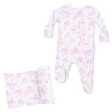 Puppy Toile Pink - 2 Way Ruffle Back Zipper Footie & Swaddle Blanket Set