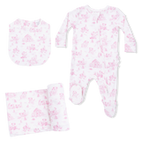 Puppy Toile Pink - 2 Way Ruffle Back Zipper Footie with Bandana Bib, and Swaddle Blanket Set