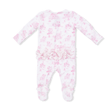 Puppy Toile Pink - 2 Way Ruffle Back Zipper Footie with Bandana Bib, and Swaddle Blanket Set