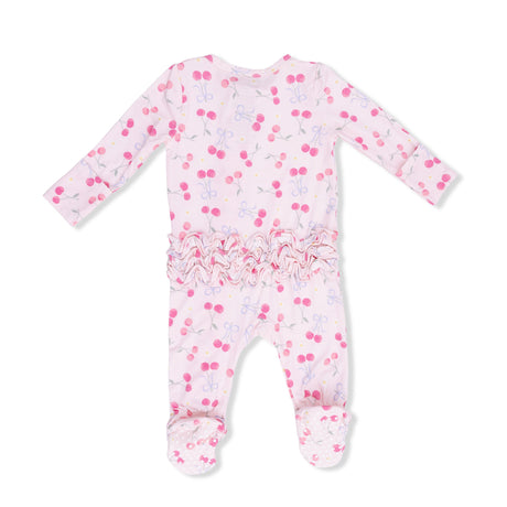 Sweet Bow Cherries - 2 Way Ruffle Back Zipper Footie & Swaddle Blanket Set