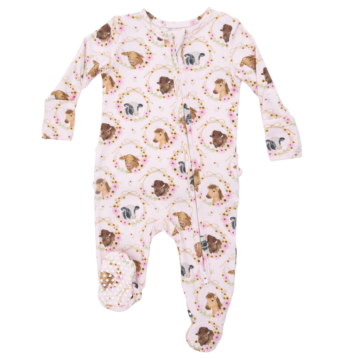Farm Animals Floral Cameos Pink - 2 Way Ruffle Back Zipper Footie