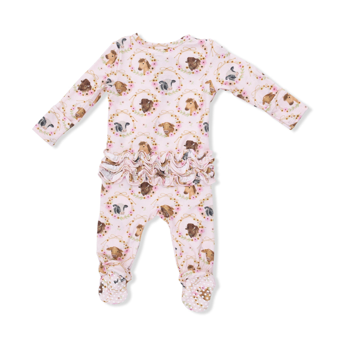 Farm Animals Floral Cameos Pink - 2 Way Ruffle Back Zipper Footie