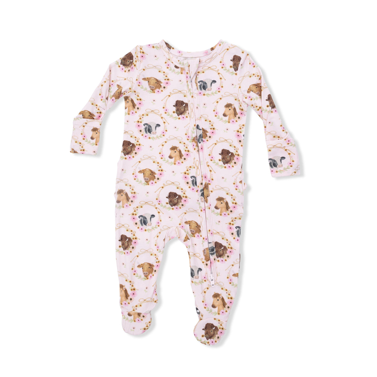 Farm Animals Floral Cameos Pink - 2 Way Ruffle Back Zipper Footie