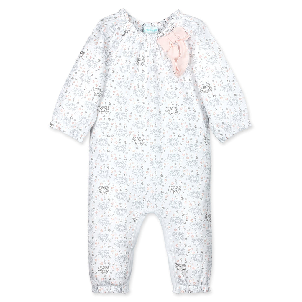 Bow Romper L/S - Curly Sheep on White  100% Pima Cotton by Feather Baby - HoneyBug 