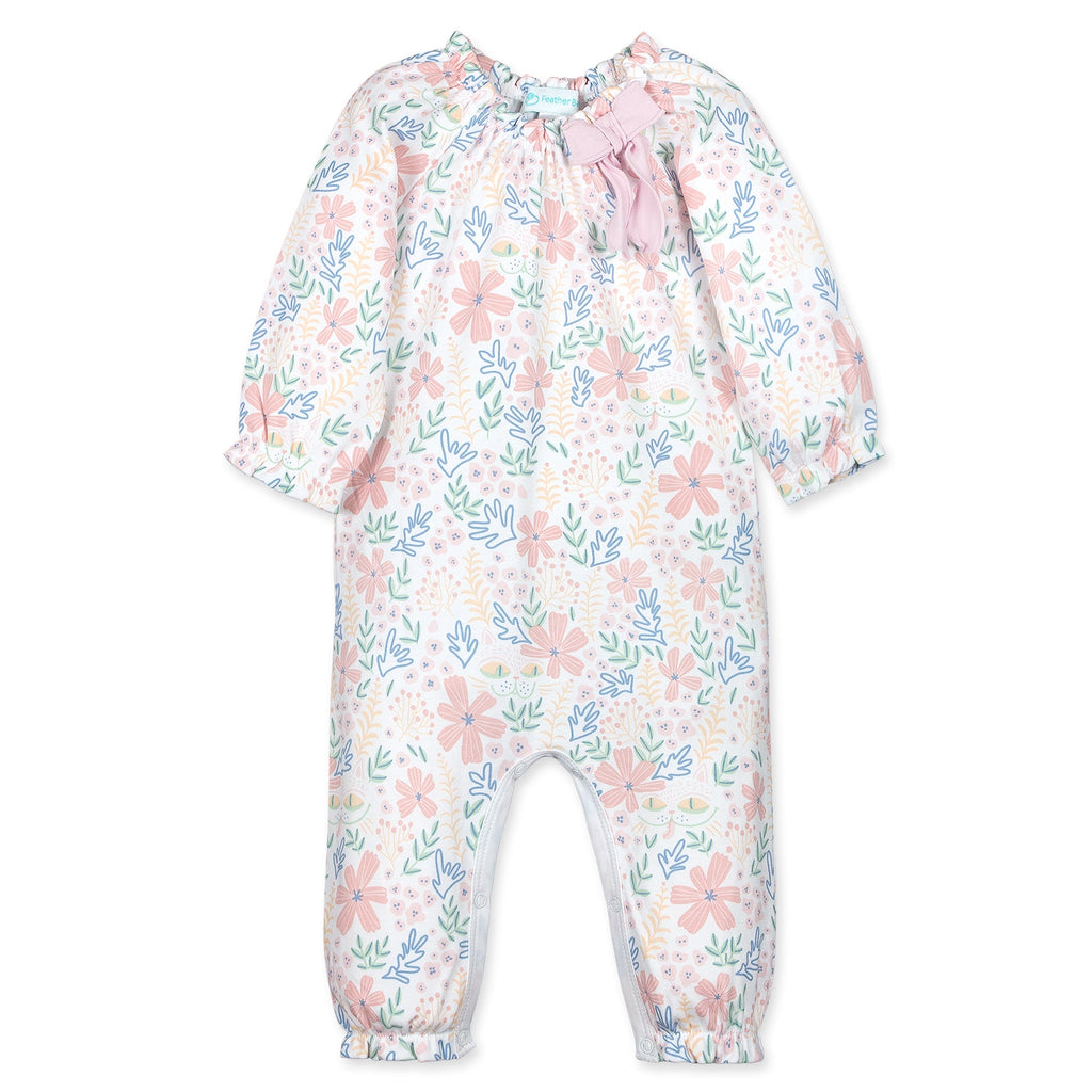 Bow Romper L/S - Garden Kitty on White  100% Pima Cotton by Feather Baby - HoneyBug 