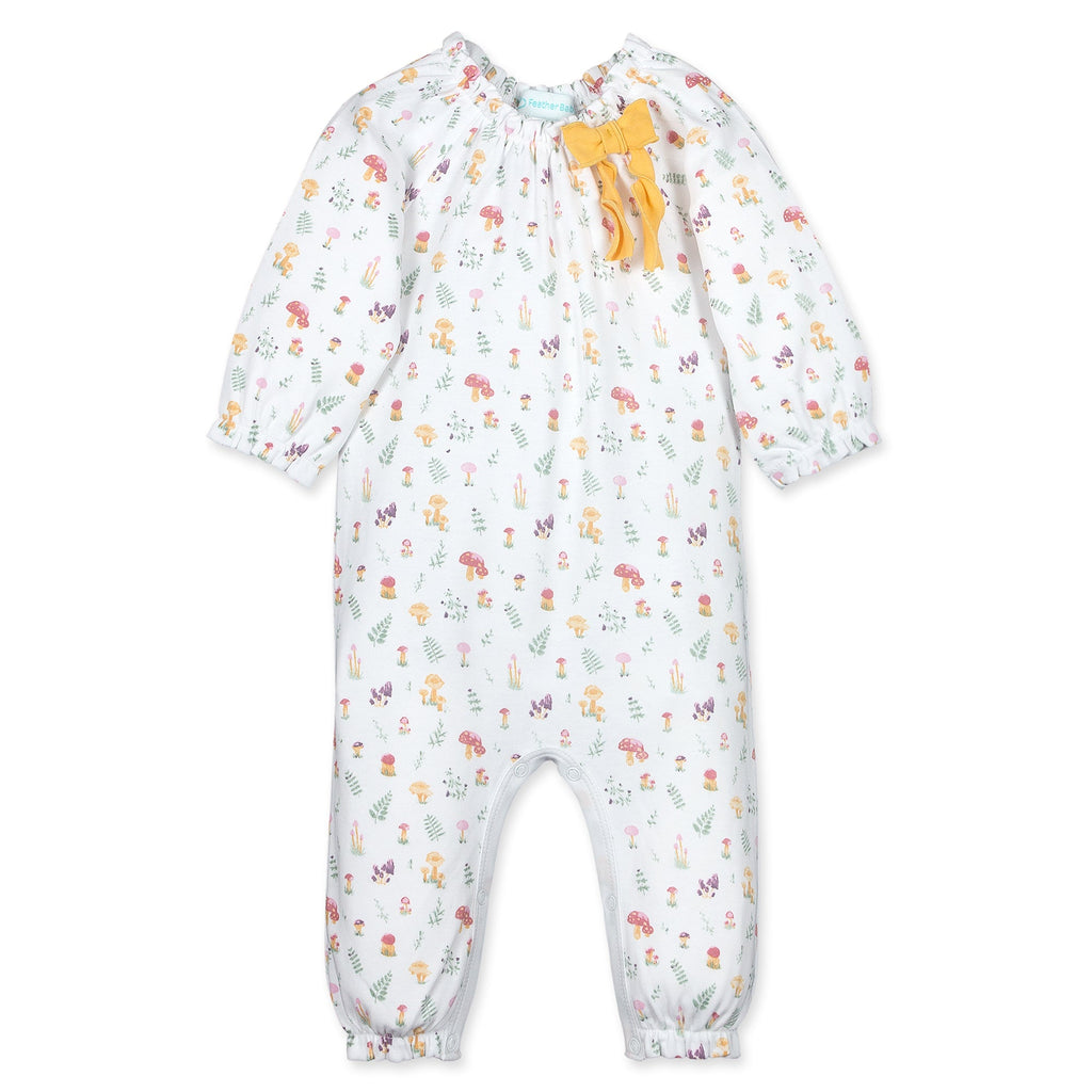 Bow Romper L/S - Mushrooms & Rosemary on White  100% Pima Cotton by Feather Baby - HoneyBug 