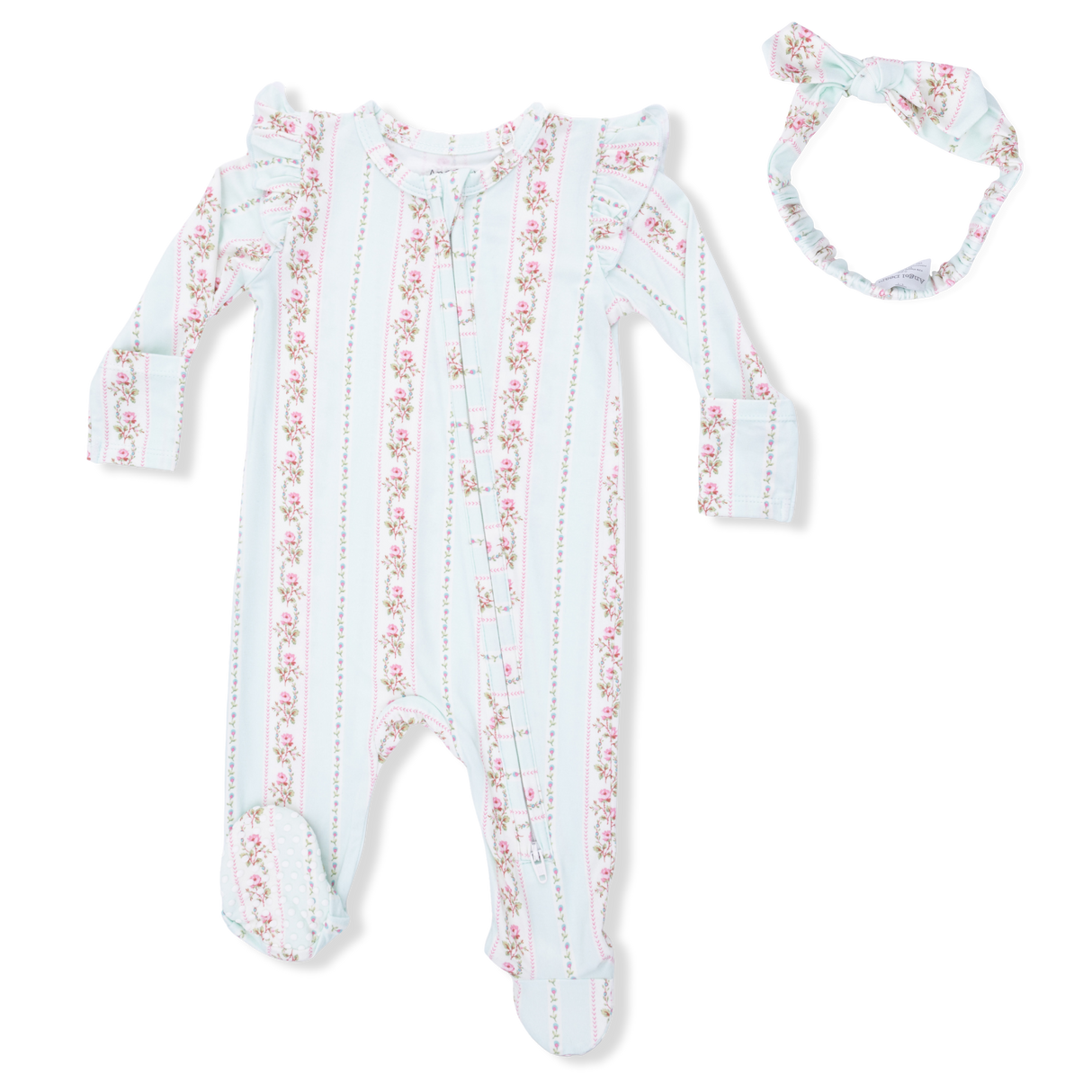 Antoinette Stripe - 2 Way Ruffle Sleeve Zipper Footie & Headband Set