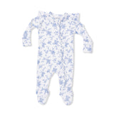 Baby Blue Vines Floral - 2 Way Ruffle Sleeve Zipper Footie