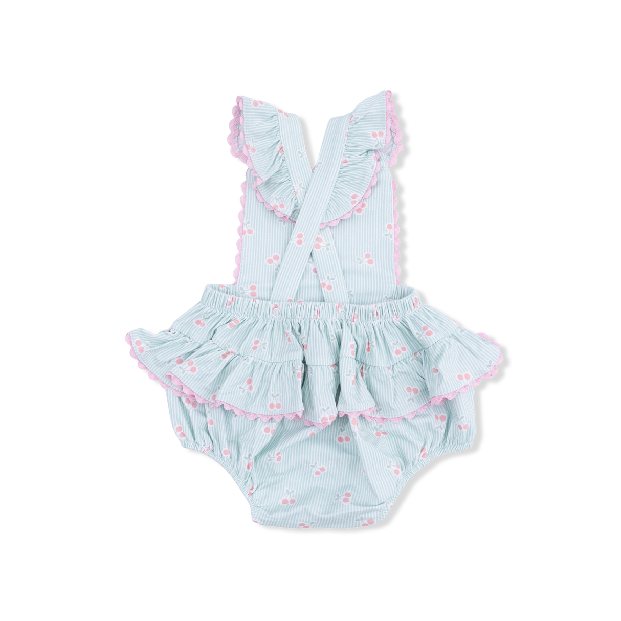 Tiny Cherry Stripe - Ric Rac Ruffle Sunsuit
