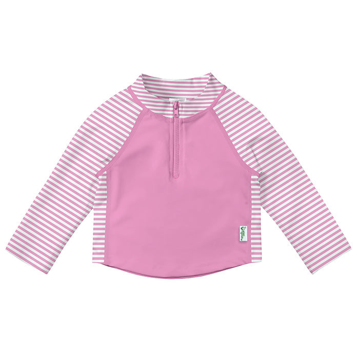 Long Sleeve Zip Rashguard Swim Shirt - Pink Stripes - HoneyBug 