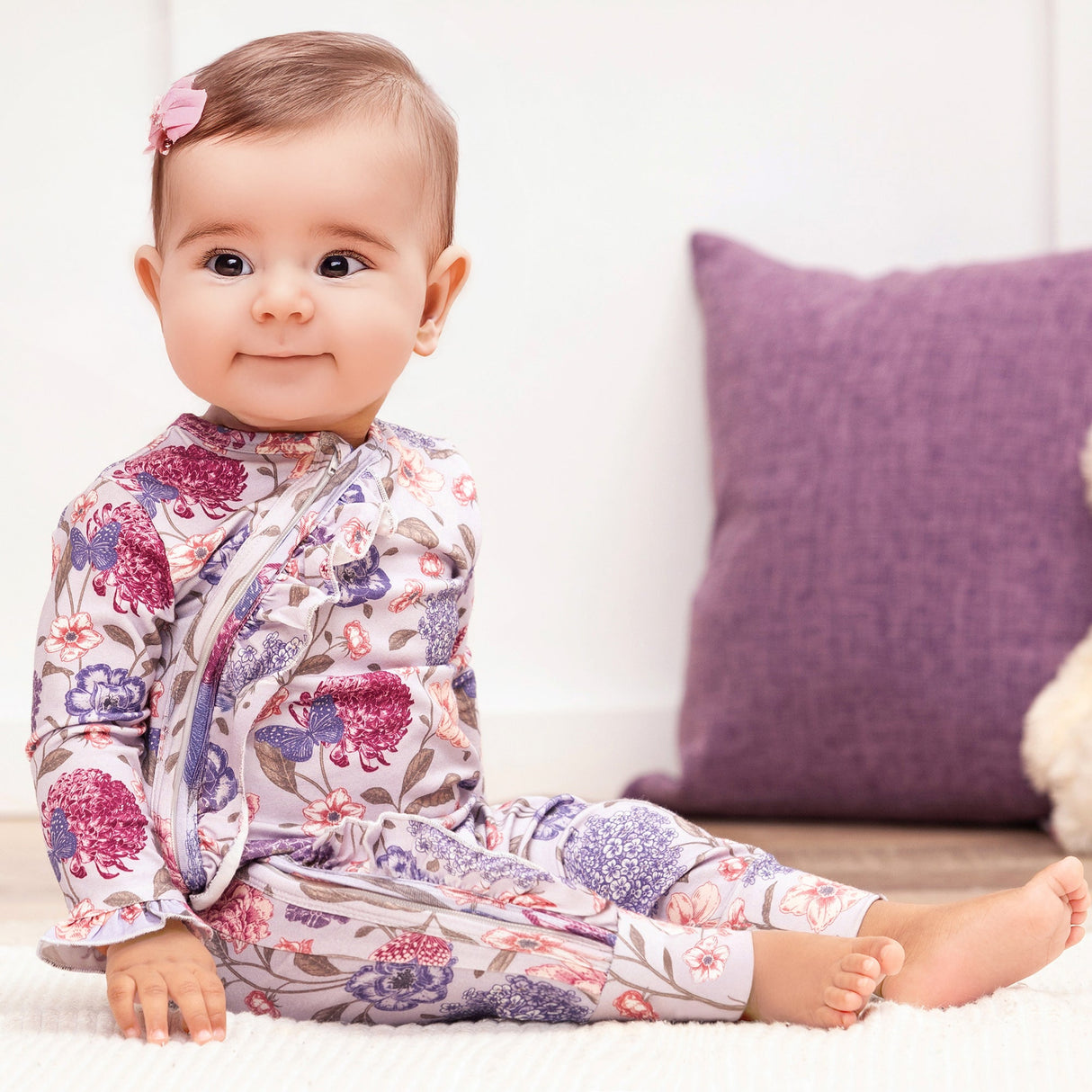 Floral Ruffle Baby Zipper Romper – Soft Bamboo Vintage Bloom - HoneyBug 