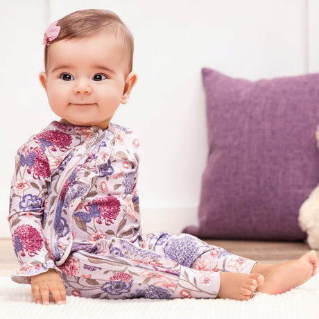 Floral Ruffle Baby Zipper Romper – Soft Bamboo Vintage Bloom - HoneyBug 