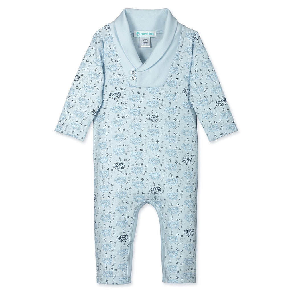 Shawl-Neck Romper - Curly Sheep on Baby Blue  100% Pima Cotton by Feather Baby - HoneyBug 