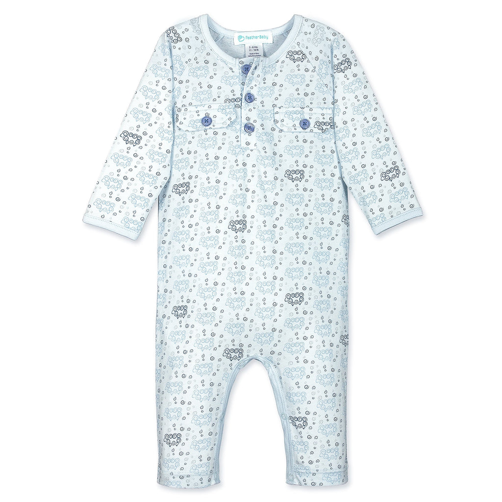 Pocket Long John - Curly Sheep on Baby Blue  100% Pima Cotton by Feather Baby - HoneyBug 