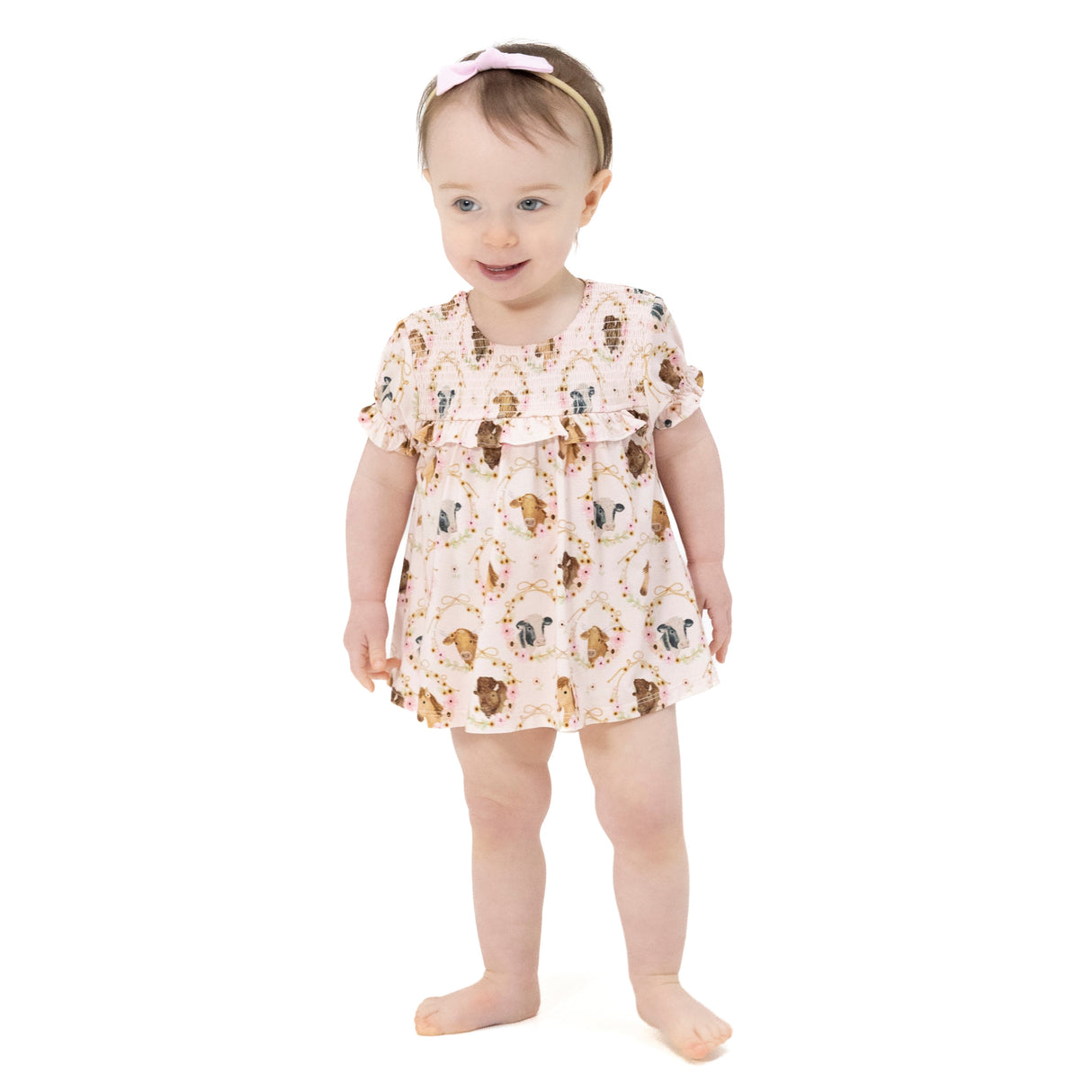 Farm Animals Floral Cameos Pink - Smocked Ruffle Bubble with Skirt