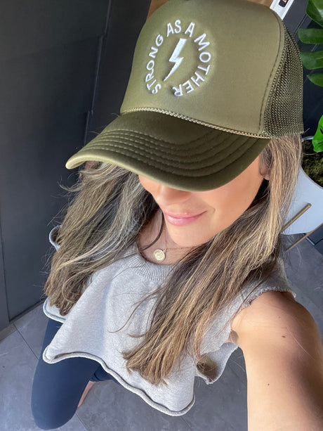 Strong as a mother™ Embroidered Trucker Hat - Olive - HoneyBug 