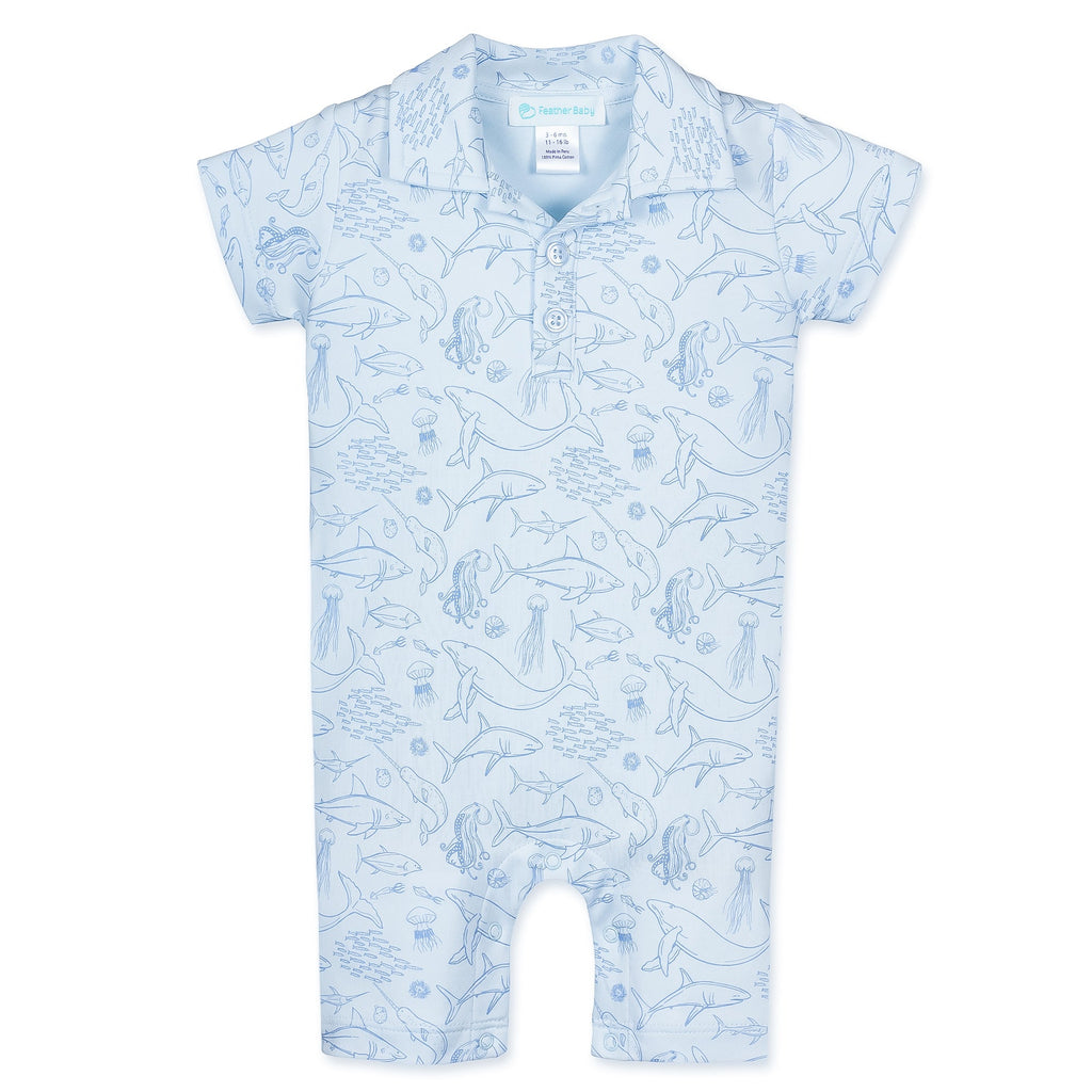 Collared Romper - Deep Ocean Dive on Baby Blue  100% Pima Cotton by Feather Baby - HoneyBug 