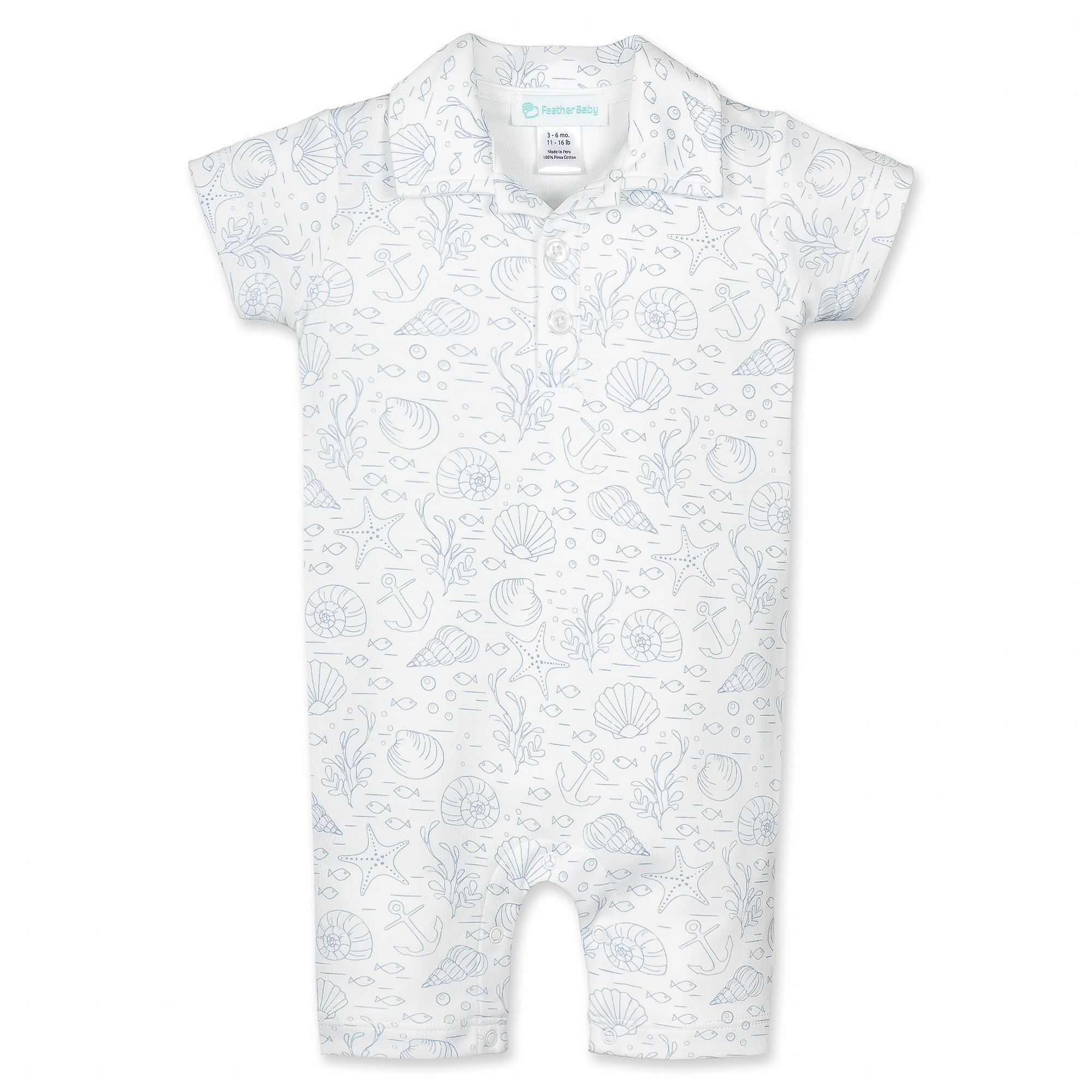 Collared Romper - Seashells  100% Pima Cotton by Feather Baby - HoneyBug 