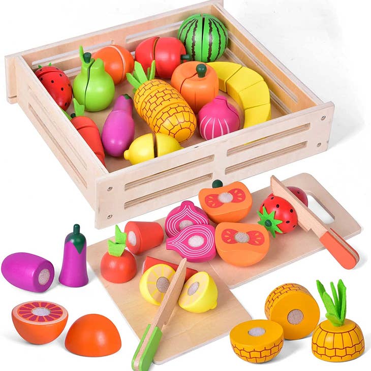 35 Pieces Cutting Fruit Vegetables Set Wooden Play Kitchen Toys