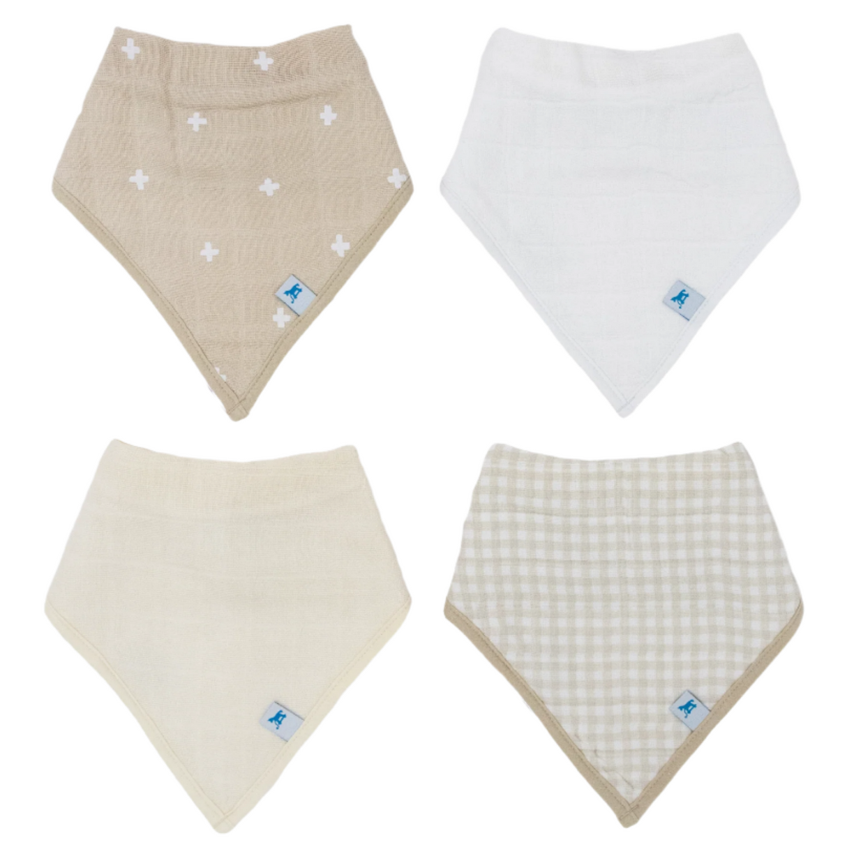 Cotton Muslin + Fleece Bandana Bib 4 Pack - Taupe Cross - HoneyBug 