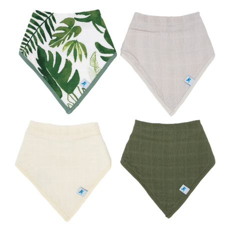 Cotton Muslin + Fleece Bandana Bib 4 Pack - Tropical Leaf - HoneyBug 