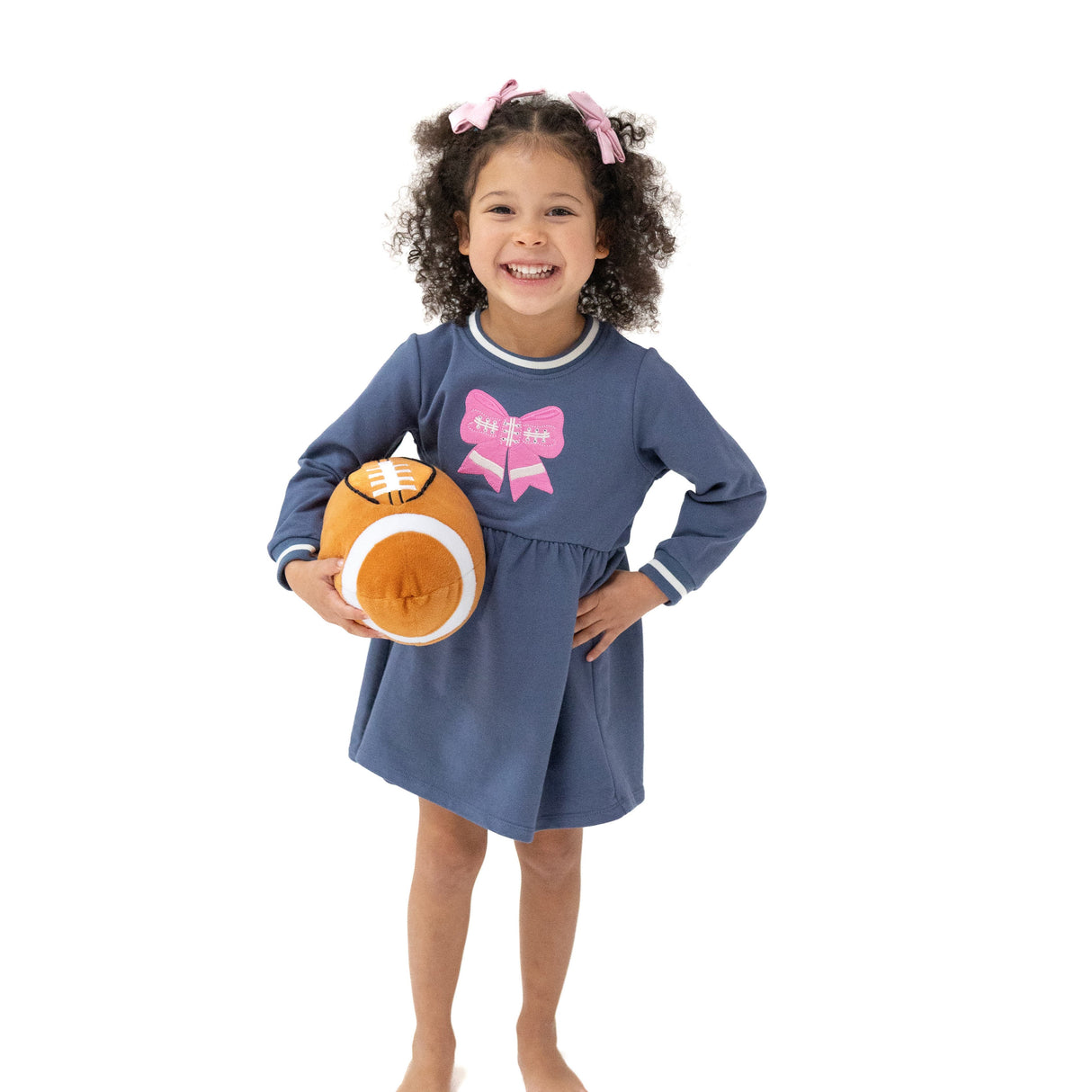 Pink Bow French Terry Dress - Varsity Vintage Indigo - HoneyBug 