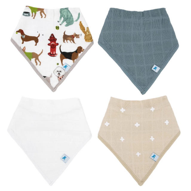 Cotton Muslin + Fleece Bandana Bib 4 Pack - Woof - HoneyBug 