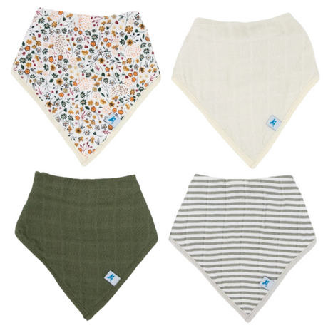 Cotton Muslin + Fleece Bandana Bib 4 Pack - Pressed Petals - HoneyBug 