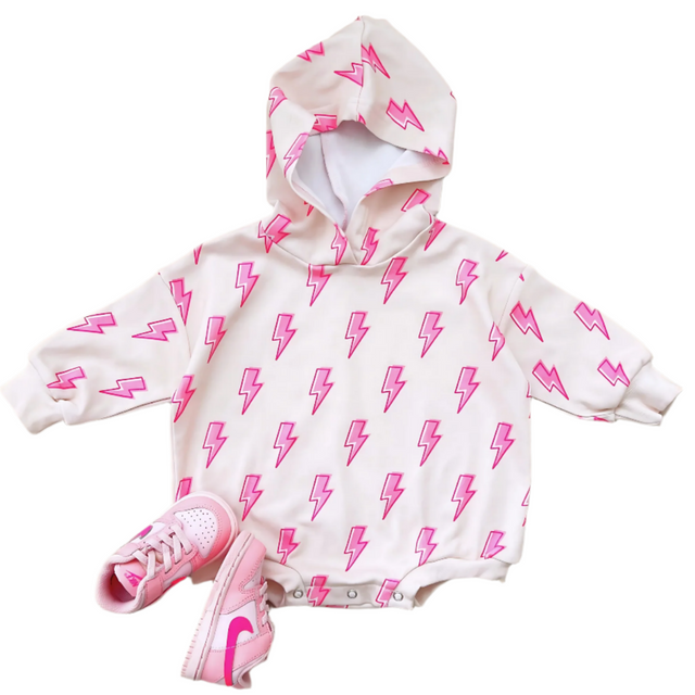 Hooded Bubble Romper | Pink Bolts - HoneyBug 