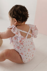 Girl's Ruffle Sleeve Cross Back Swimsuit