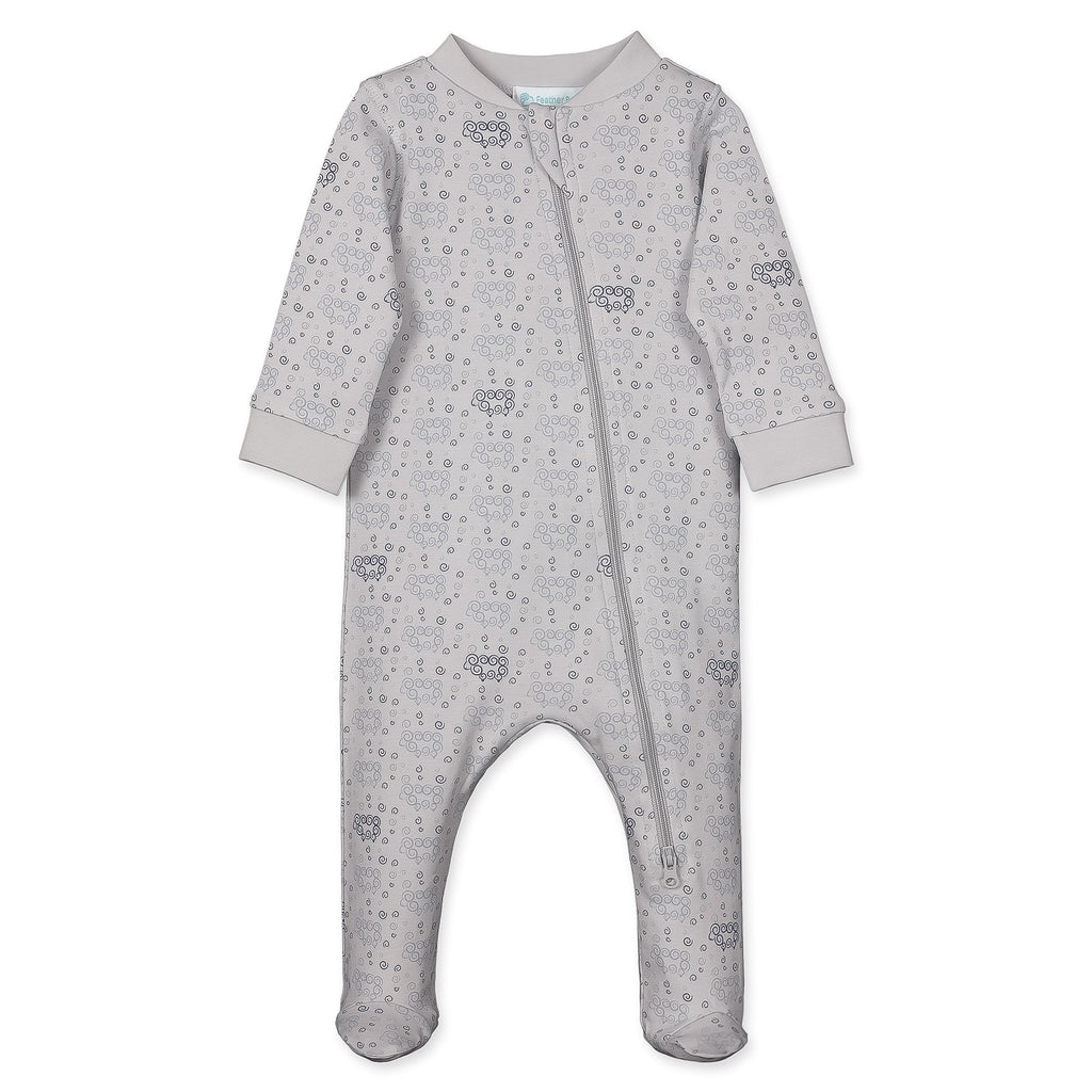 Zipper Footie - Curly Sheep on Grey  100% Pima Cotton by Feather Baby - HoneyBug 