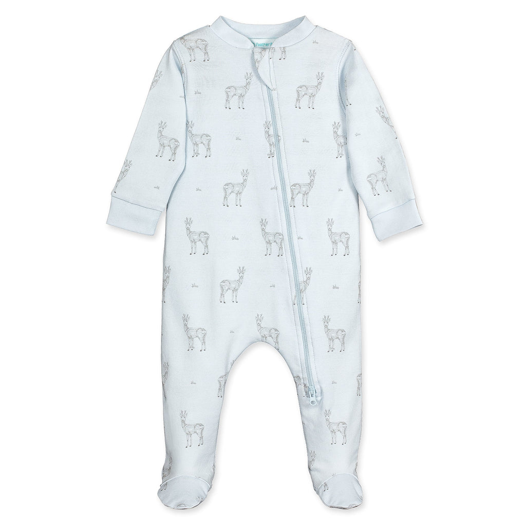 Zipper Footie - Sketched Yearlings on Baby Blue  100% Pima Cotton by Feather Baby - HoneyBug 